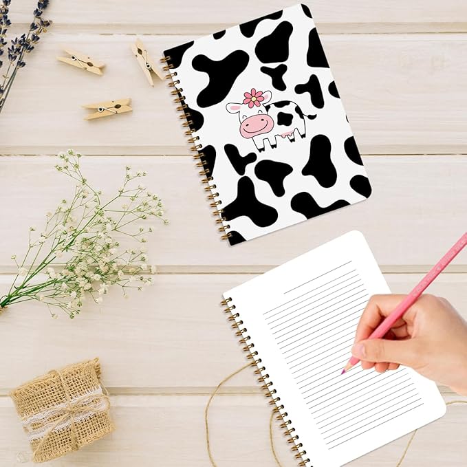 2 Pcs Cow Spiral Notebooks for Work, A5(8.3x5.8inch) Composition Notebook College Ruled Note Book, Pink Flowers Hardcover Notepads Diary Lined Travel Journal for Writing, Cute Cow Gifts for Women