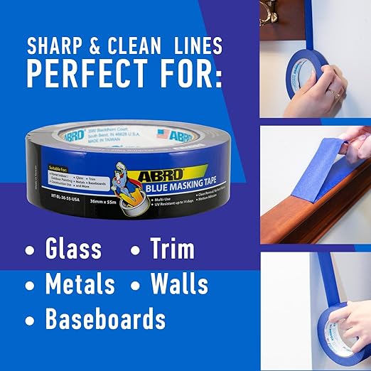 ABRO 36 Pack Blue Painters Tape: 24mm x 55M All Purpose Blue Tape, Temporary Labeling, Easy Tear, Clean Removal, Masking Tape Colored, DIY or Pro Use