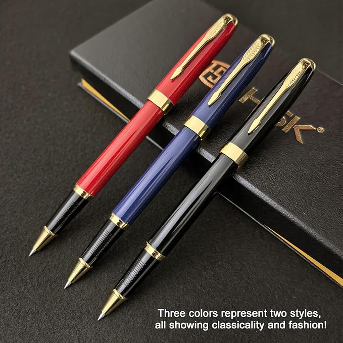 HSK Ballpoint Pens Executive Fountain Pen with Gold Trim, Gift Box Set, Available in Black, Red, Navy Blue,Black Refill Line width 0.5mm (Red)
