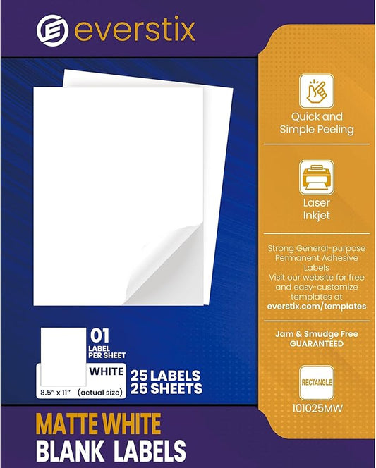 8.5" x 11", 25 Sheets, 25 Printable White Sticker Paper, Full Sheet Shipping Labels for Laser & Inkjet Printers, Letter Size