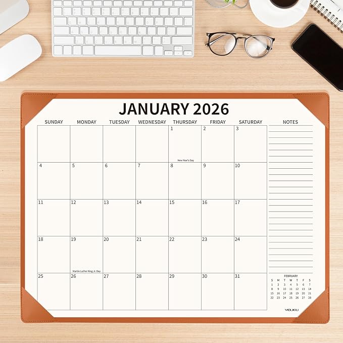 Desk Calendar 2025-2026 with Desktop Mat, 22x17 inch Large Desk Pad Calendar July 2025 to June 2026, Big Desk Planner for Home Office and School, Brown
