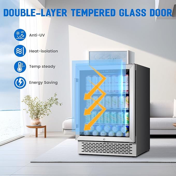 24 Inch Beverage Refrigerator Under Counter, 190 Cans Beverage Fridge Built-in/Freestanding with Double Tempered Glass, 37-64°F Low Noise Drink Fridge Perfect for Kitchen/Bar/Office(4.9 cu.ft)