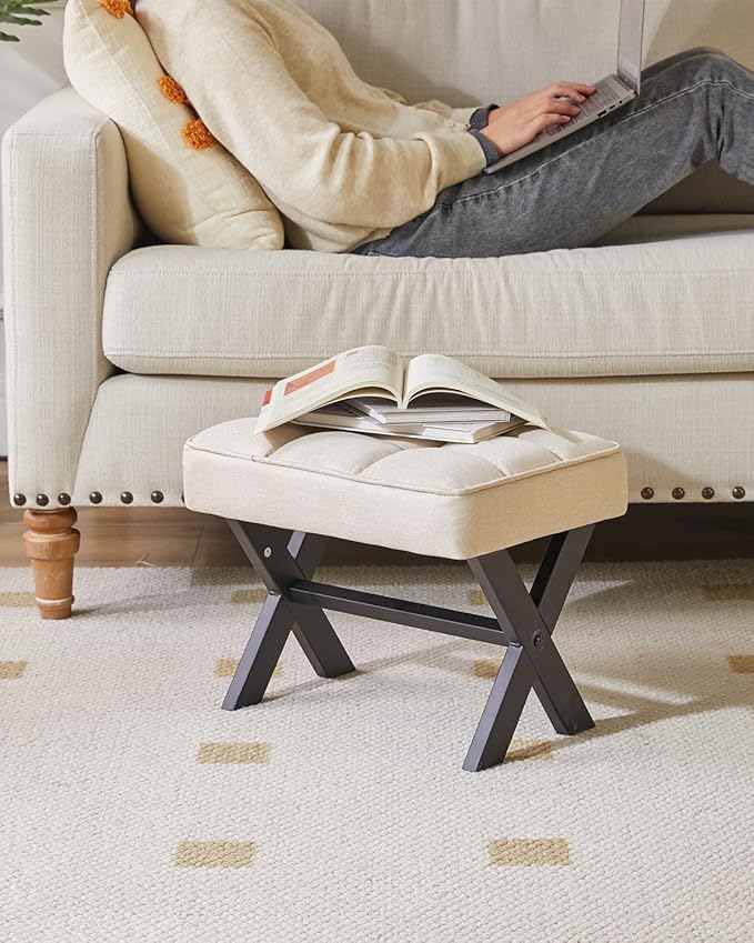IBUYKE Small 12" H Footrest Stool, Square Linen Foot Stool with Metal X-Leg, Multi-Use as Small Side Table, Step Stool for Living Room, Bedroom, Entryway, Office, Linen WBD011Y