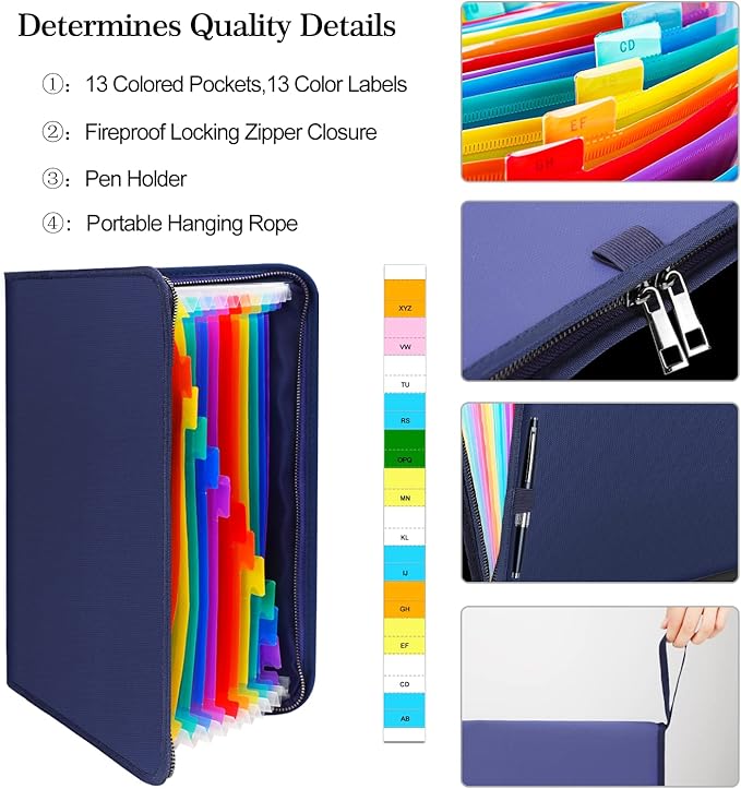 ENGPOW 13 Pocket Expanding File Folder,Fireproof Accordion File Folder Document Organizer with Zipper Closure,Portable Filing Organizer Safe with Colorful Tabs for A4/Letter Size Paper,Files(Blue)
