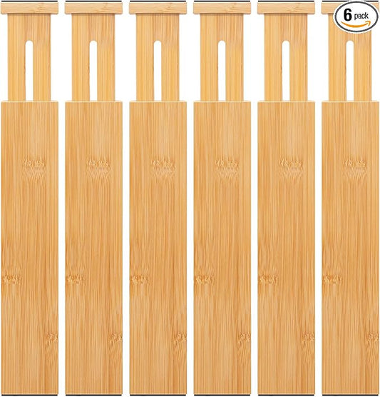 6 pcs Large Bamboo Drawer Dividers, Expandable 17"-22" Wooden Organizers for Kitchen, Office, Dresser, Bedroom, Clothes