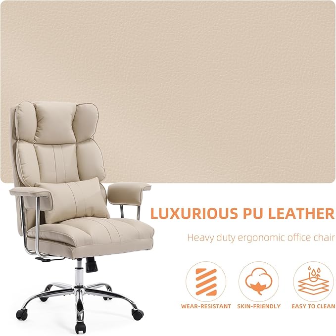Big and Tall Office Chair 500lbs Wide Seat Executive Office Desk Chair High-Back Office Task Chair, Ergonomic Lumbar Support Computer Office Chairs for Heavy People(Beige)