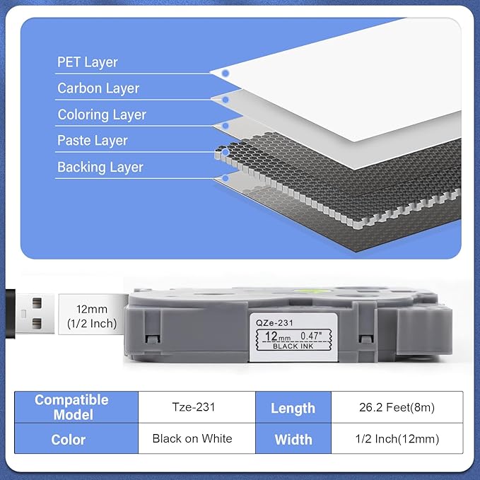10 PK TZE-231 Compatible Label Tape Replacement for Brother TZe-231 TZ-231 Laminated P-Touch Label Maker Tape, Black on White, for PT-D200 PT-D210 PTH100 PT-D400, 0.47" x 26.2'