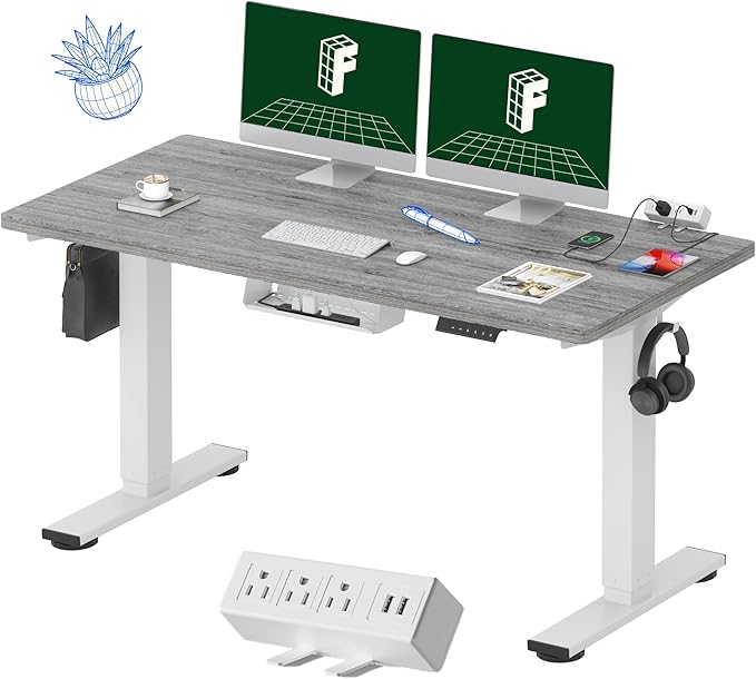 FLEXISPOT EN2 Whole-Piece Standing Desk with Clamp Power Strip, 55 x 28 Electric Stand Up Height Adjustable Desk with Cable Management (White Frame + 55" Gray Wood Grain Top,2 Packages)