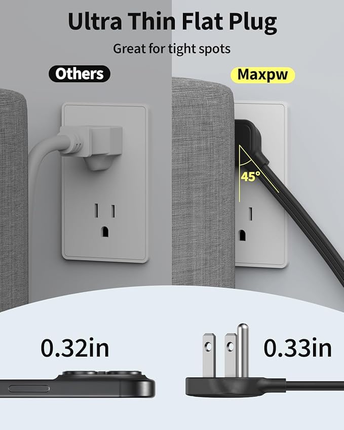 10 Ft Power Strip Surge Protector - 7 Outlets 4 USB Ports (2 USB C), Ultra Thin Flat Extension Cord & Flat Plug, 1700 Joules, Wall Mount, Desk Charging Station for Home Office Dorm, Black