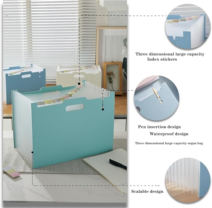 2-Piece Accordion Folder Manager, 12 Grid Expansion Pages, Upright and Open Portable Monthly Bill and Receipt Managers, Color Labels, School, Home, and Office letterhead/A4 Size Green