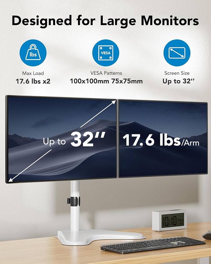 HUANUO 32 inches Dual Monitor Stand up to 17.6lbs, High-Grade Aluminum Free-Standing Dual Monitors Mount for 2 Screens. Fully Adjustable Dual Monitor Stand for Desk with Tilt, Swivel, Rotation, White