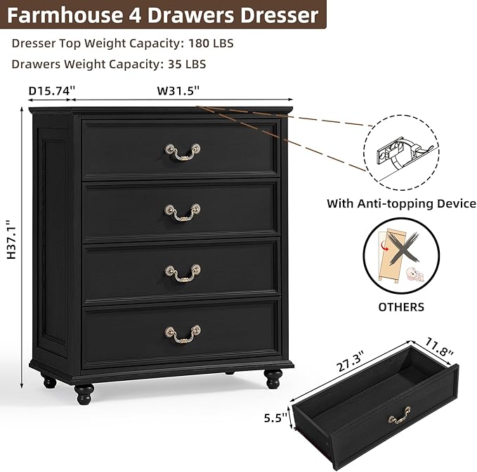 Farmhouse 4 Drawer Dresser for Bedroom, 37" Tall Rustic Chests of Drawers w/ 4 Solid Wood Feet, Mid Century Modern Wooden Closet Storage Dressers Organizer for Living Room, Hallway, Black