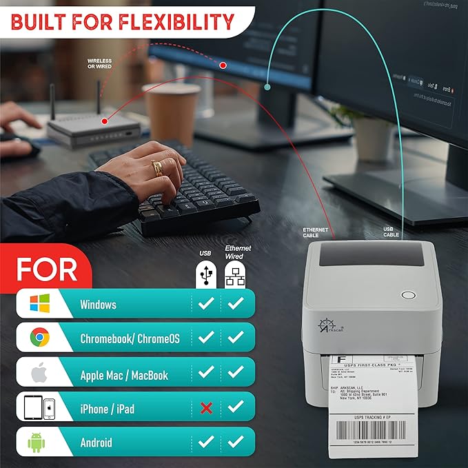 2054K-LAN (Upgrade of 2054A-LAN) Ethernet Network Shipping Label Printer for Windows Mac Chromebook Android Support Amazon Ebay Etsy ShipStation UPS USPS FedEx, 4x6 Direct Thermal