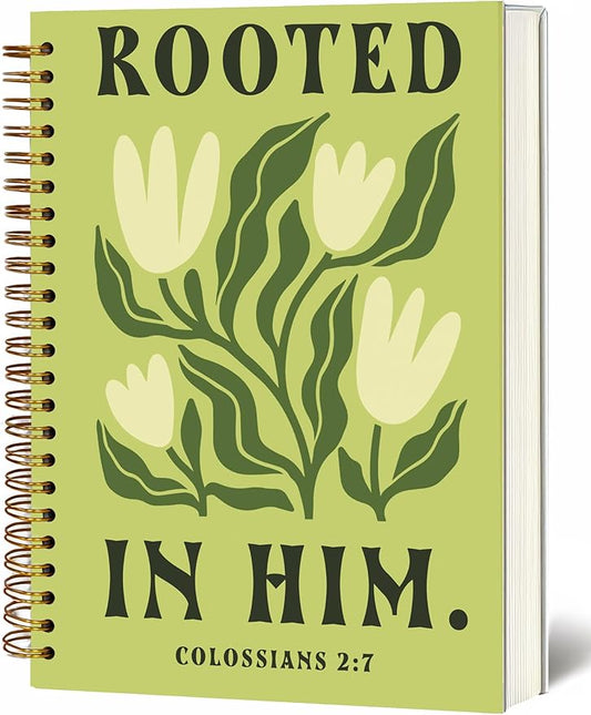 Bible Journal, A5 Spiral Christian Bible Green Flower Notebook, Rooted in Him, Bible Verse Gift for Women Men Birthday Christmas, Sunday School, Office Supplies, Bible Study (Green-flower)