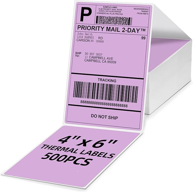 4x6 Thermal Labels, 1 Packs of 500 4x6 Fold Labels Purple - Compatible with JADENS, ASprink, Phomemo, Rollo, Zebra, Omezizy and Other Thermal Printers