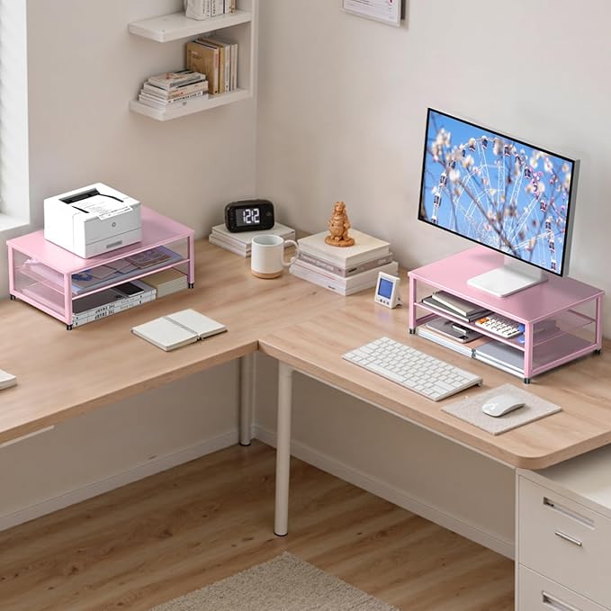 Computer Monitor Stand Riser, Desk Organizers and Accessories, Printer & Laptop Stand, Office Desk Accessories & Desktop Workspace Organizers for Office Supplies (Pink)