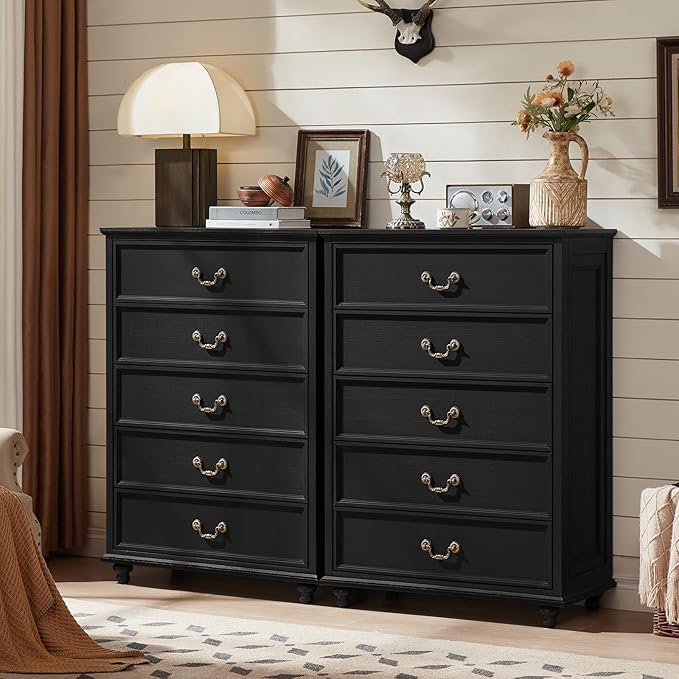 Farmhouse 5 Drawer Dresser for Bedroom, 45" Tall Rustic Chests of Drawers w/ 4 Solid Wood Feet, Mid Century Modern Wooden Closet Storage Dressers Organizer for Living Room, Hallway, Black