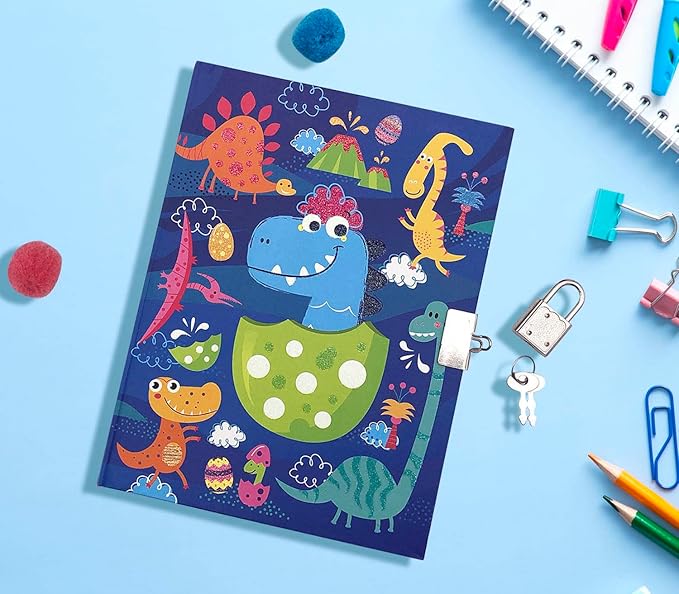 Boys Diary with Lock for Kids, 7x5.25 Inches 160 Lined Pages Secret Blue Dinosaur Notebook for Kids Journal with Lock for Boys Pre School Writing Drawing Cute Kids Gifts for Birthday