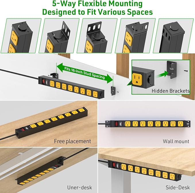 CRST 8 Outlet Metal Heavy Duty Power Strip, 2100 Joules Mountable Surge Protector Power Strip, Slim Power Bar with 6ft 14AWG Cord, ETL Listed