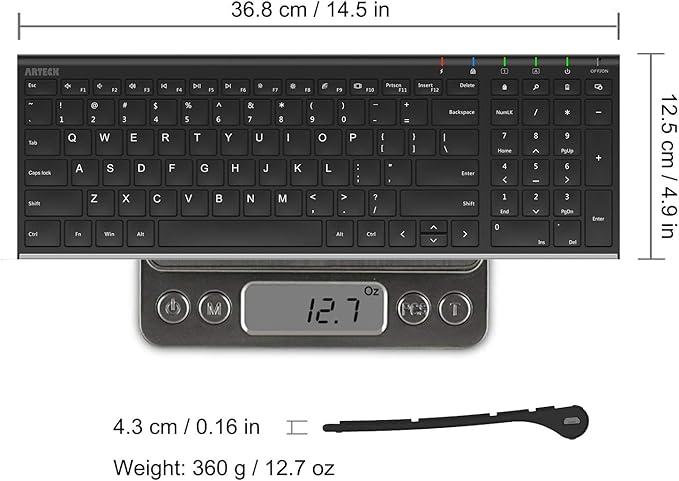 Arteck USB Wireless Keyboard Stainless Steel Ultra Slim Keyboard with Numeric Keypad for Computer/PC/Laptop and Windows 11/10/8 Rechargeable Battery