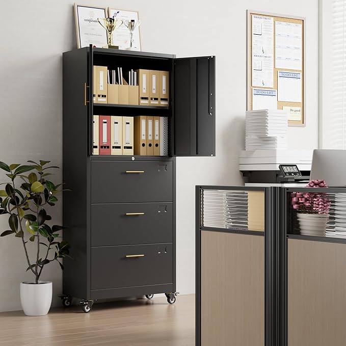 Aobabo Metal 3 Drawers Lateral File Storage Cabinet and Unit Adjustable Shelf Organizer, Steel Files Cabinet with Wheels, 2 Door Storage for Office Legal/Letter A4 Size, Assembly Required, Black