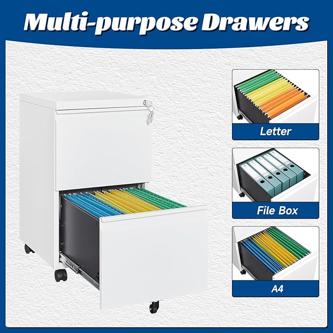 2 Drawers Vertical File Cabinet - Fully Assembled White Under Desk Mobile Filling Cabinet Small Lockable Home Office File Cabinets for A4/Letter/Legal Size