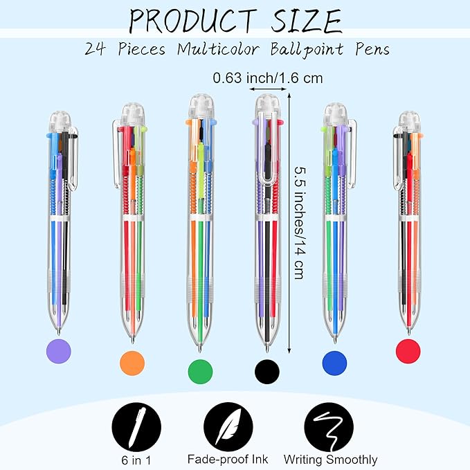 Aodaer 24 Pieces Multicolor Ballpoint Pens 0.5 mm 6 Colors Transparent Barrel Ballpoint Pen 6-in-1 Multicolor Retractable Ballpoint Pens for Office School Supplies Gifts