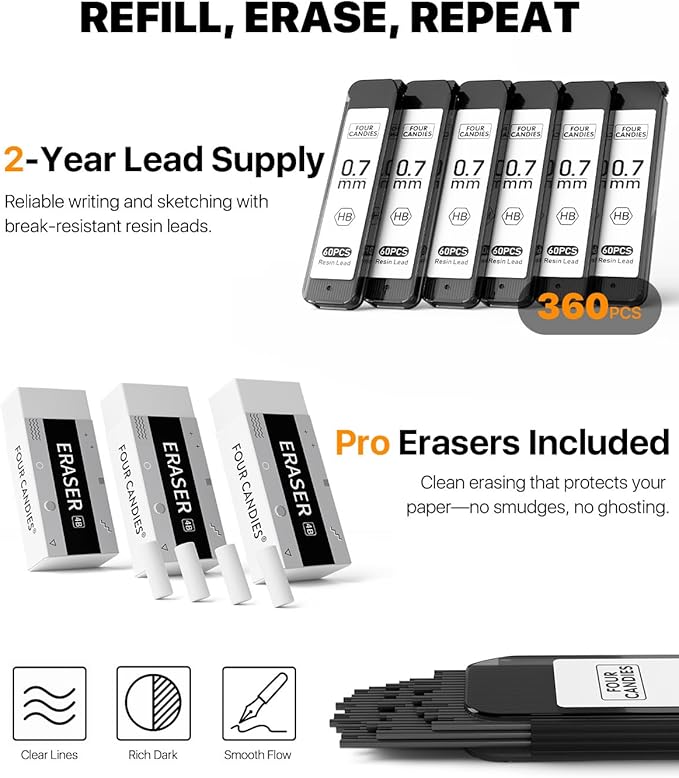 Four Candies Metal Mechanical Pencil Set - 6PCS 0.7mm Art Mechanical Pencils & 360PCS HB Lead Refills & 3PCS Erasers & 9PCS Eraser Refills, Drawing Mechanical Pencils for Writing, Sketching/With Case