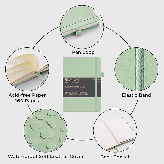 &And Per Se Lined Journal Notebook, 160 Pages, A5 5.7 x 8 inches College Ruled Thick Paper Notebook Journals for Writing, Hardcover Notebooks for Women Men Office School (1 Pack, Light Green)