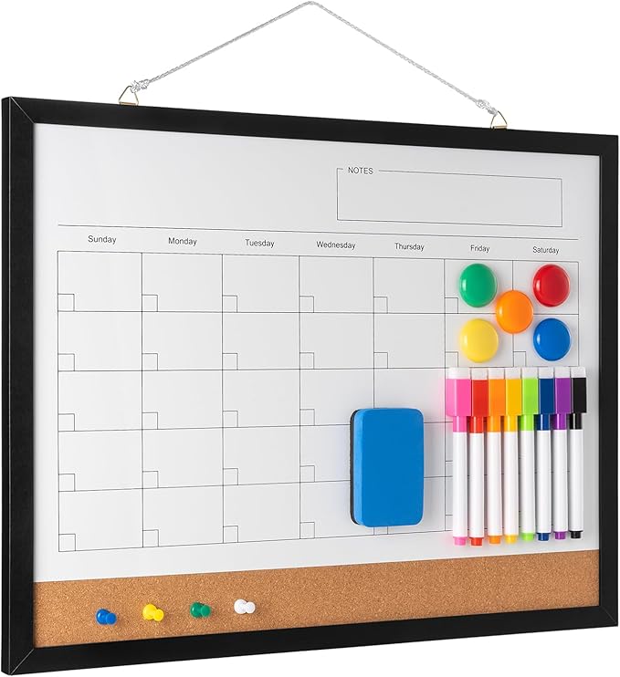 Dry Erase Calendar Whiteboard, 17" x 13" Magnetic Whiteboard Cork Board Combo, Reusable Monthly Planner with 8 Markers, Eraser, Magnets and Pushpins, Hanging Dry Erase Board for Home, School - Black