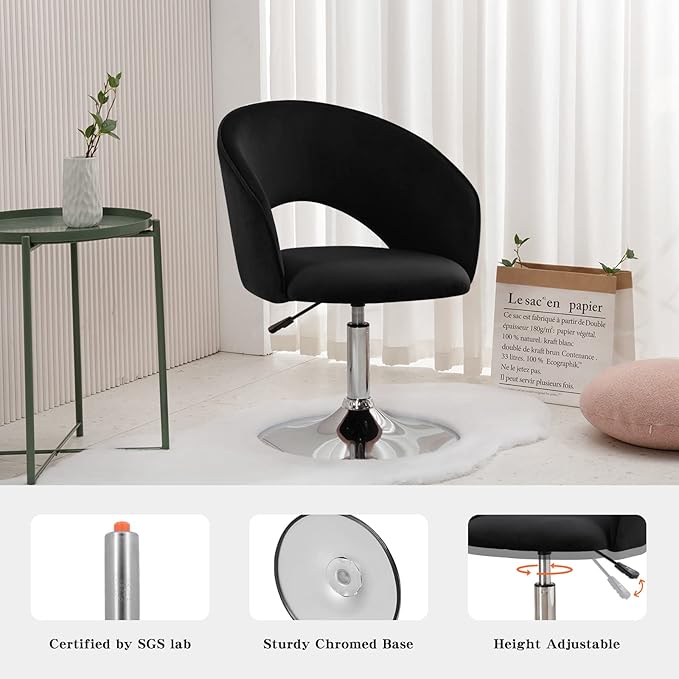 Furnimart Adjustable Black Vanity Chair with Back, Velvet Makeup Chair Swivel Accent Chair with Chrome Frame Hollow Backrest, Side Chair for Living Room, Makeup Room, Bedroom (Black)