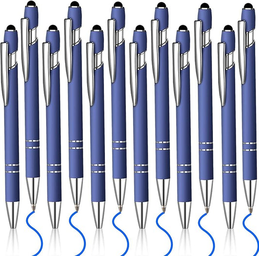 12 Pcs Blue Ink Ballpoint Pen with Stylus Tip, 1.0 mm Metal Pen Stylus Pen for Touch Screens, 2 in 1 Thank You Pen Gift for Friends, Colleagues, Coworker, Office, Family (Blue)