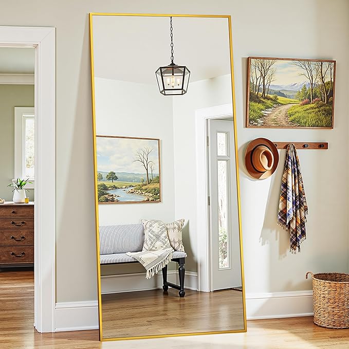 Full Length Mirror, 71"x32" Oversized Floor Mirror Freestanding, Full Body Mirror Floor Standing Mirrors with Stand, Hanging Mounted Mirrors for Bedroom Living Room, Gold, Rect Style
