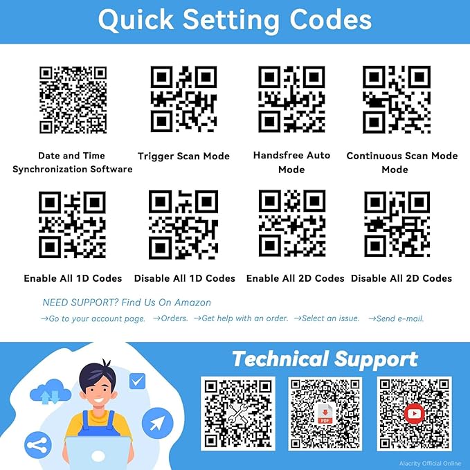 Alacrity Upgraded 2D Industrial Barcode Scanner with Wireless Charging Stand, 1968 Feet Transmission Distance 433Mhz Wireless & Bluetooth 2in1 Barcode Reader, Shock Dust Proof Hands Free, Red