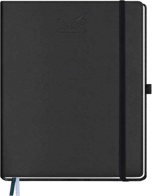 BEZEND 2026 Planner Weekly and Monthly (8.5" x 11") Daily Calendar with Half-Hourly Timeslots & Tab (Jan-Dec) Note & Expenses, Pen Holder, Inner Pocket, Vegan Leather Hardcover - Black