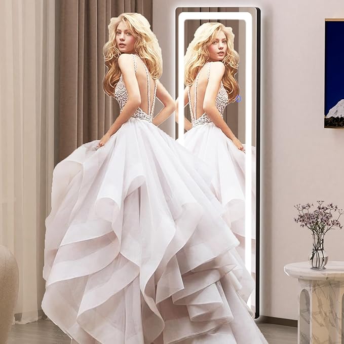 Hasipu Full Length Mirror with Lights, 56" x 16" LED Floor & Wall Mounted, Full Body Dressing Mirror for Bedroom, Living Room, Cloakroom – Round Black