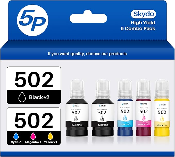 502 T502 Ink Refill Bottles Compatible for ET2760 ET2750 ET-3760 ET-2850 ET-15000 ST-4000 ST-2000 ET-3710 ET-3850 ET-3750 ET-4850 ET4750 ET2700 ST3000 ET3700 Printer(5 Pack)