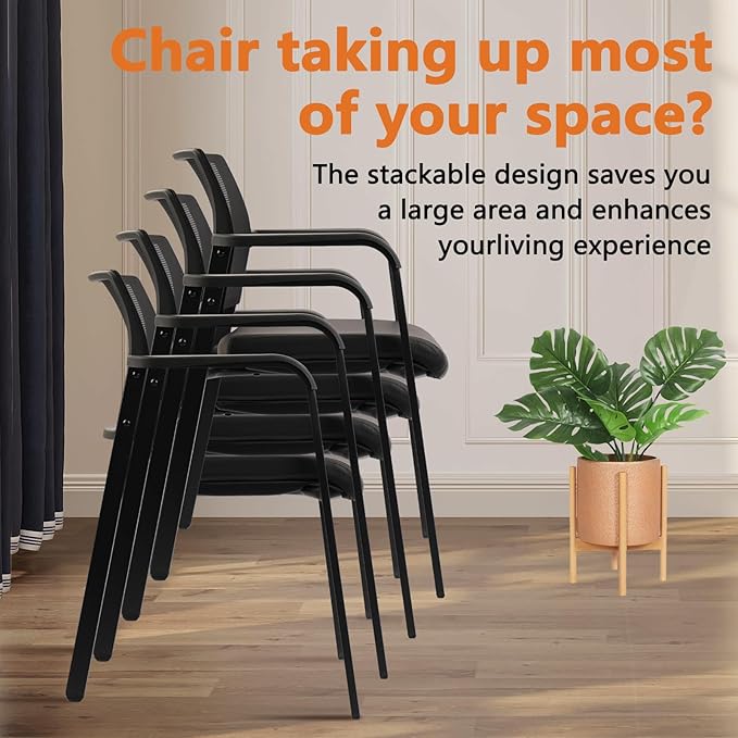 CLATINA Stackable Office Chair, Mesh Back Guest Chairs with Comfortable Leather Seat Arms Stacking Ergonomic Desk Chair No Wheels for Conference Waiting Reception School Side Stationary, Black