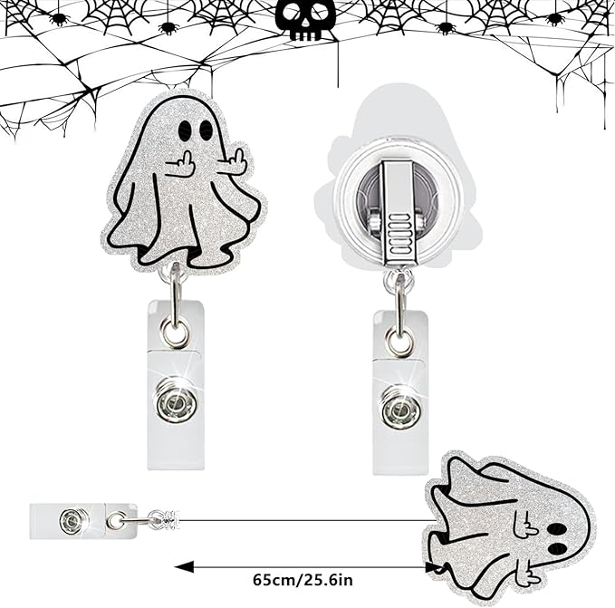 Halloween Badge Reel Funny Middle Finger Ghost Designs Cute Glitter Spooky Acrylic ID Clip Badge Holder with Alligator Clip for Nurse Nursing RN CNA LPN Medical Worker & Office Staff Gift