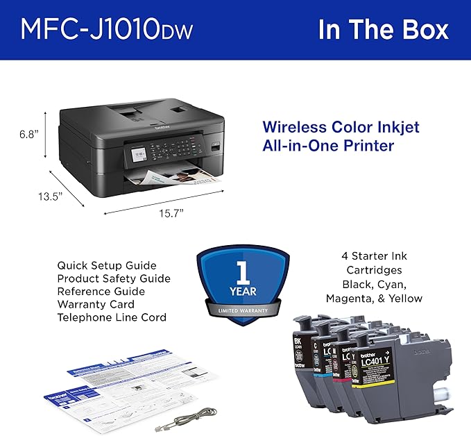 Brother MFC-J1010DW Wireless Color Inkjet All-in-One Printer, Duplex Printing, Mobile & Cloud Print, Compact Design, 1.8" Color Display, Works with Alexa