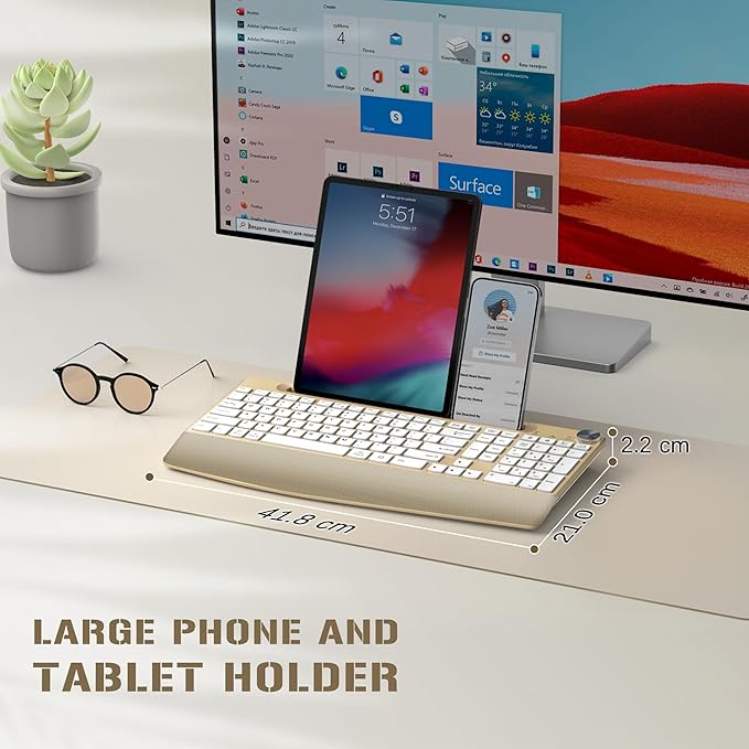 Ergonomic Wireless Keyboard with Wrist Rest-Low-Profile,Phone/Tablet Holder,Quiet Design，Windows & Mac OS，Full Size Cordless USB Computer Keyboard for Desktop,Laptop, PC, Mac, Windows-Gold