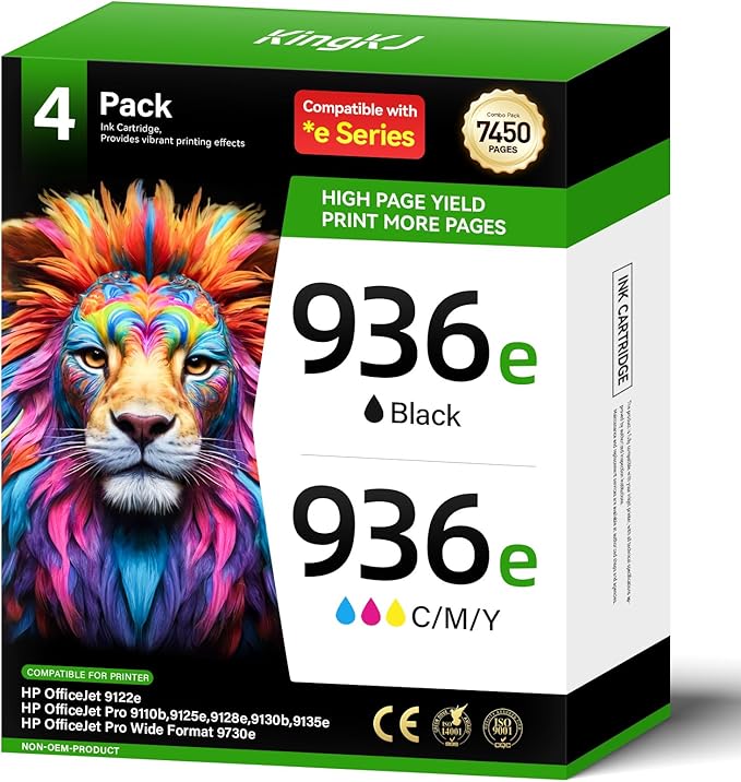 936e 936XL High Yield Ink Cartridges with Chip 4-Pack Set Replacement for HP 936 936e Ink Works with HP OfficeJet Pro 9125e 9135e 9110b 9128e 9130b 9122e 9120e 9730e Printers Black Cyan Magenta Yellow