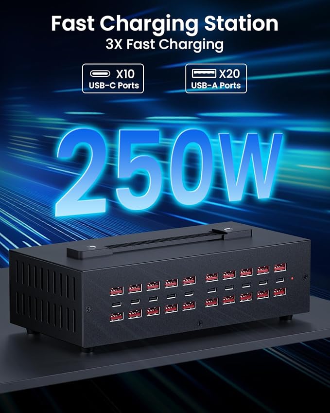 250W USB~c Charging Station, 30 Port (20 USB A & 10 USB~C Port) USB Charger Block, Fast Charging Station for Multiple Devices, Desktop Charger Compatible for iPhone, iPad, Tablets