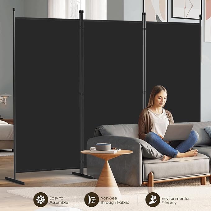 AKTOP 3-Panel Room Divider, Freestanding Wall Divider for Room Separation, Folding Privacy Partition Screen 70''W x 102''H, Portable Room Divider Panel Privacy Screen for Dorm Studio Office, Black