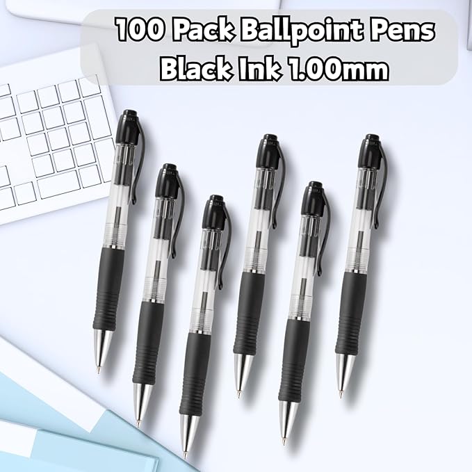 BallPoint Pens Bulk, 100 Pack (BLACK Ink), No Bleed Black Ink with soft Grip, Click Pens for Office Home and School, Retractable Ballpoint Pens, Medium Point, 1.00MM Smooth Writing (Black)