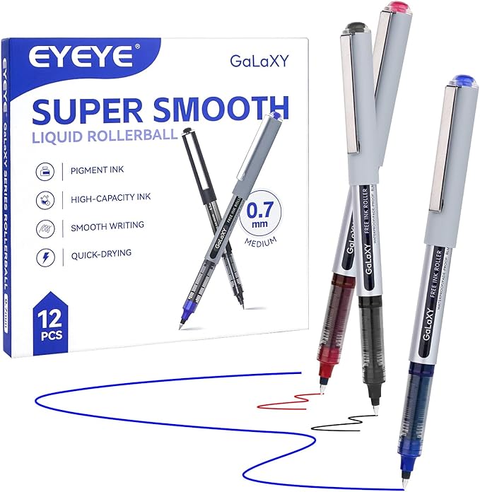 EYEYE Liquid Ink Rollerball Pens 12 Pack 3 Colors Black Blue Red 0.7mm Medium Point Pens Quick Dry Smooth Writing Pens for Journaling Office School Note Taking Supplies