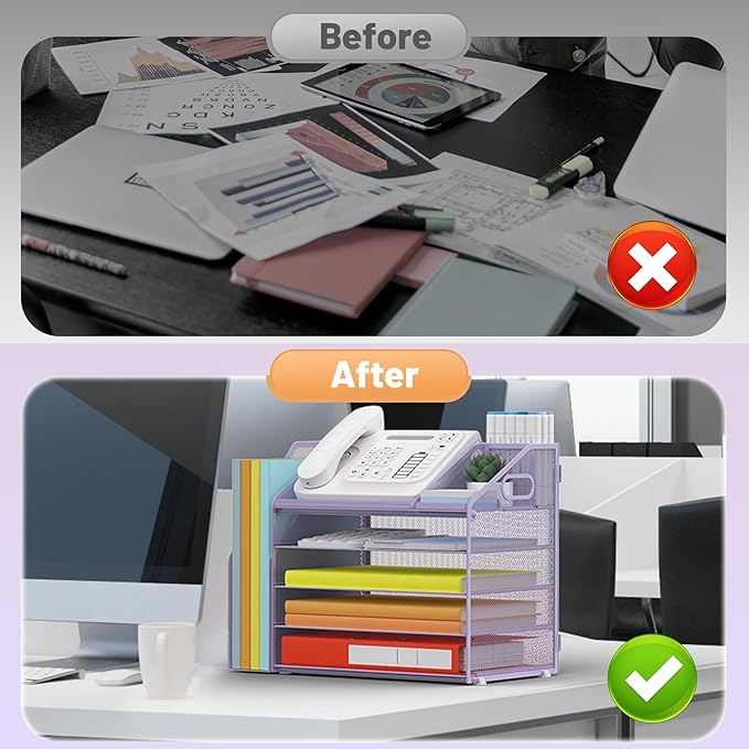 DocNest 5 Tier Paper Letter Tray File Organizer, Mesh Desk File with Handle, Workspace Desk Organizers with Pen Holder, Office Organization Storage Accessories - Purple