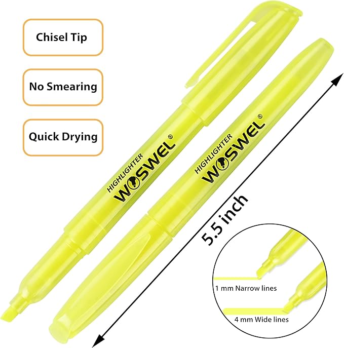 Highlighters Bulk, Woswel 120 Pack Fluorescent Yellow Highlighter Markers Set for Underlining, Color Transparent Visible Fluorescent Pen Shell, Wide Chisel Point Mark,Perfect for Classroom,Office,Home