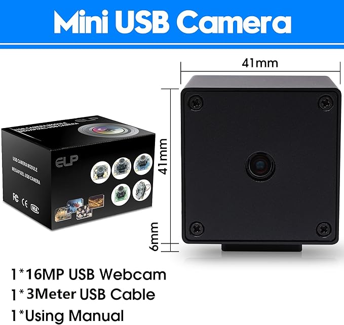ELP 16MP Autofocus USB Camera with Metal Case - Mini UVC USB2.0 4K Webcam with 68 No Distortion Lens IMX298 Sensor for PC & Home Surveillance
