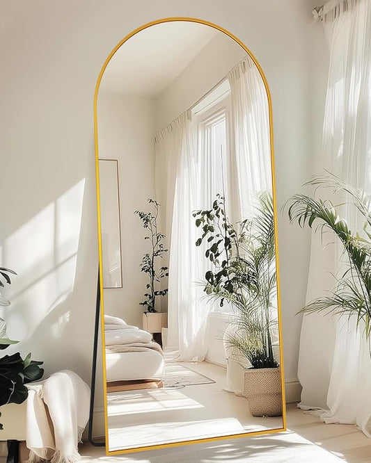Full-Length Floor Mirror with Stand, 71"x28" Arched Style Full Body Standing Mirror for Bedroom, Living Room, Gym, Dorm - Shatter-Resistant & Easy Assembly, Gold